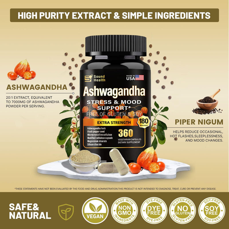 [Australia] - SoundHealth Organic Ashwagandha Capsules Supplement - 7000mg Herb Powder Equivalent per Serving - Immune Support, Hormone Balance - Enhanced Nutrient Absorption - 360 Capsules (180 Servings) 1 Count (Pack of 360) 