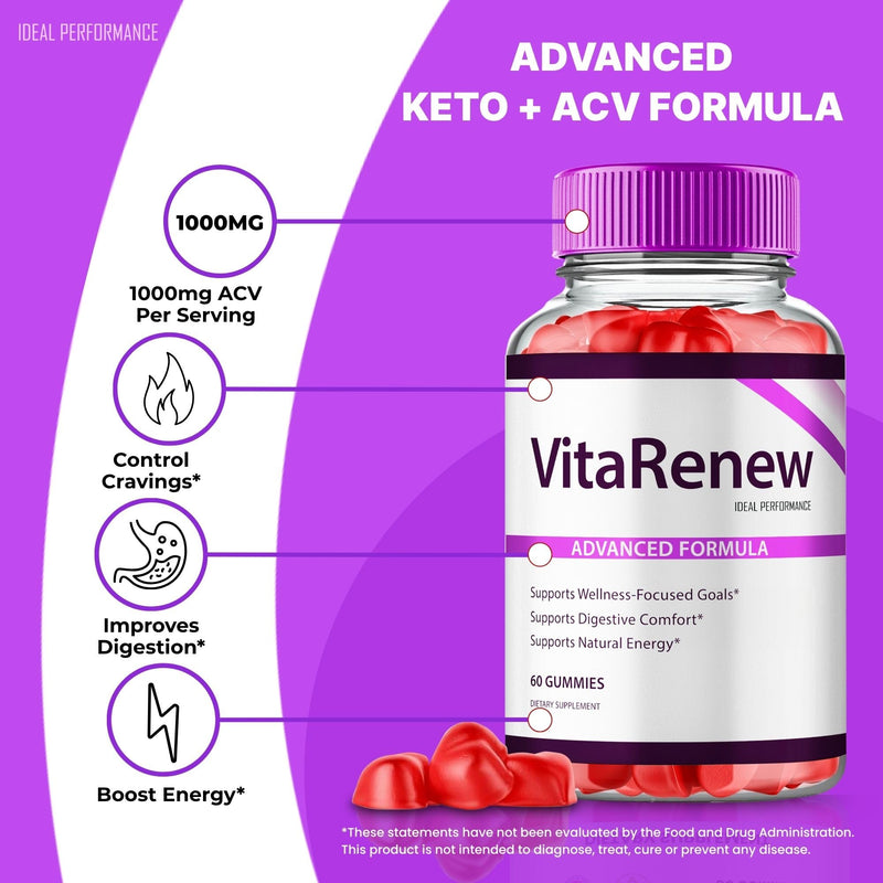 VitaRenew Advanced Gummies for Skin Health, VitaRenew Gummies for Skin Health - Maximum Strength, Keto+ ACV Gummys, All Natural Support Formula Keto+ACV, Vita Renew Gummy Reviews (1 Pack)