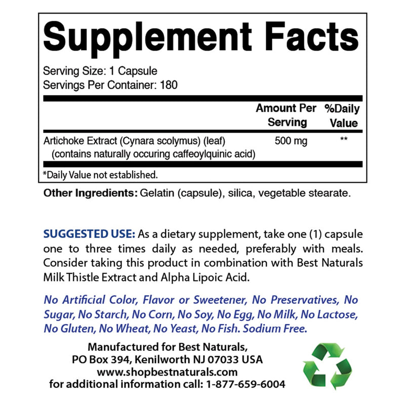 [Australia] - Best Naturals Artichoke Extract 10000 mg Equivalent - 3rd Party Lab tested - 180 Capsules 
