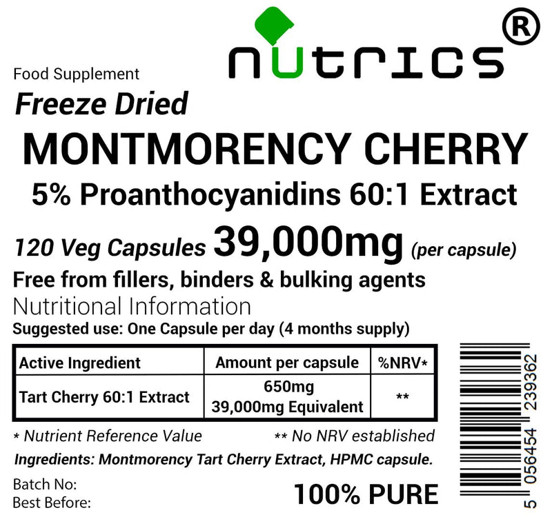 39,000mg (per Capsule) 120 V Capsules Montmorency Tart Cherry Extract 5% Proanthocyanadins (4 Months Supply) - Pure, No fillers Binders or Bulking Agents (120)