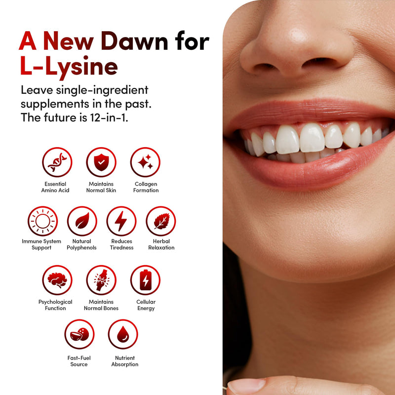 L-Lysine 1600mg High Strength - Advanced 12-in-1 Complex for Lip & Skin Health - with Zinc, Vitamin C, D3 & Lemon Balm - Triple UK Lab Tested - 60 Vegan Capsules