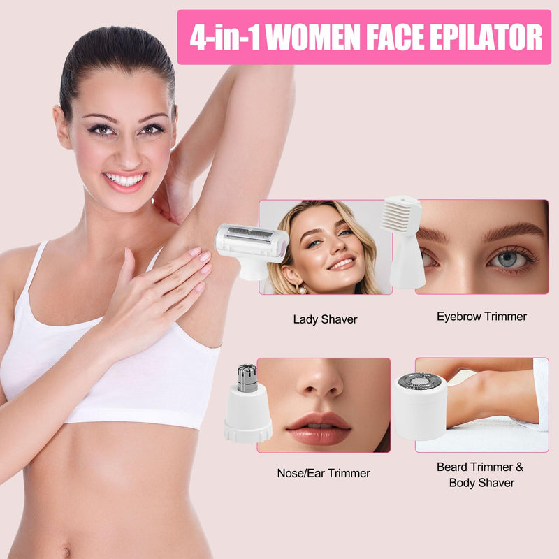 [Australia] - Women Face Epilator, 4-in-1 Body Shaver and Facial Epilator, Hair Removal for Face, Waterproof Facial Hair Remover for Armpits, Arms, Legsm, Bikini 