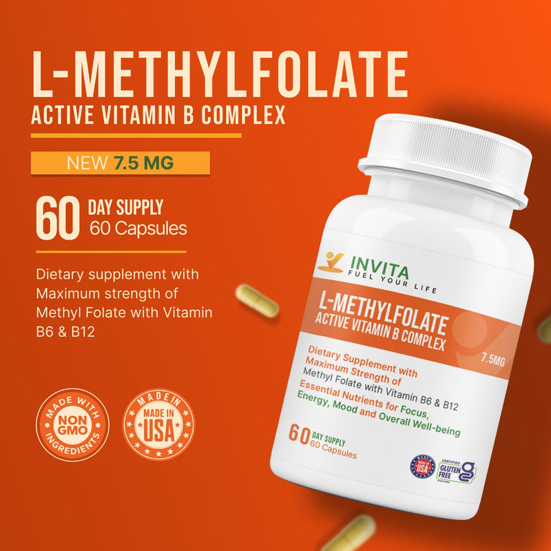 INVITA, L-Methylfolate 7.5mg + Active Vitamin B Complex – 60 Capsules - 5-MTHF Supplement with Vitamin B6 & B12 Methylcobalamin for Mood, Energy and Heart – Non-GMO, Gluten Free, 2-Month Supply