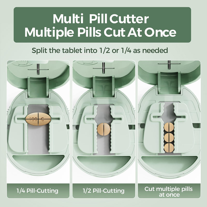 Adjustable Pill Cutter Splitter for Small and Tiny Pills, 1/2 1/4 Pill Splitter for Small Pills Vitamins Tablets, Accurate Alignment & Easy Cutting, Hidden Sharp Blade, Bottom Storage (Green) Green