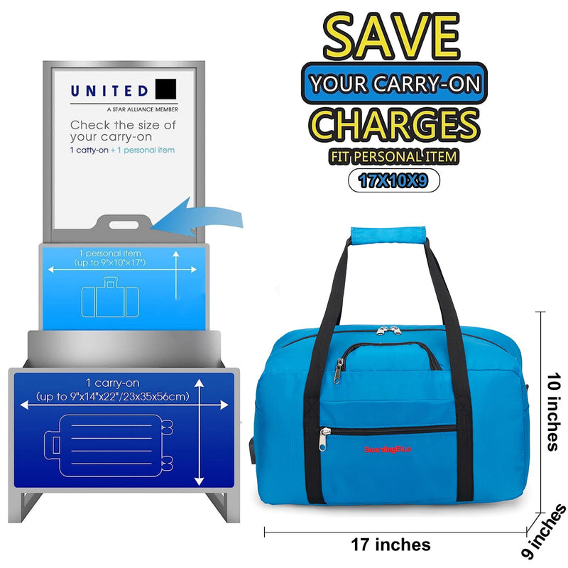 17x10x9 United Airline Personal Item Under Seat Duffel Bag With Free Pillow And USB Port (Royal Blue) Royal Blue