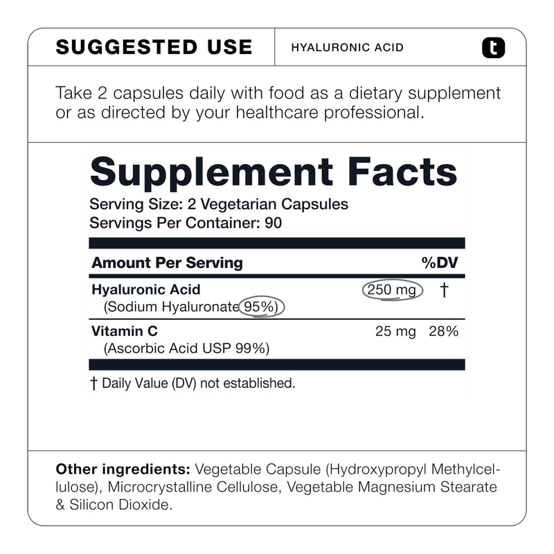 [Australia] - Ultra High Purity Hyaluronic Acid Capsules - 95%+ Highly Purified and Highly Bioavailable - 275mg Formula - Non-GMO Fermentation - High Strength with Vitamin C - 180 Capsules 180 Count (Pack of 1) 