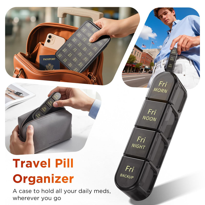 Daviky Pill Organizer 4 Times a Day - Easy-Open Travel Pill Box | Large Weekly Medicine Pill Organizer、Ultimate Durability — 6+7 Years、Travel Pill Box with Big Compartments Black