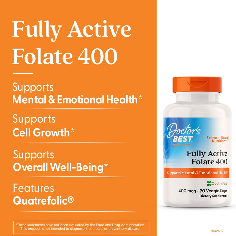 Doctor's Best Fully Active Folate with Quatrefolic400 mcg, Healthy Mood, Memory, Circulation, Well-Being, 90 VC 400 mg