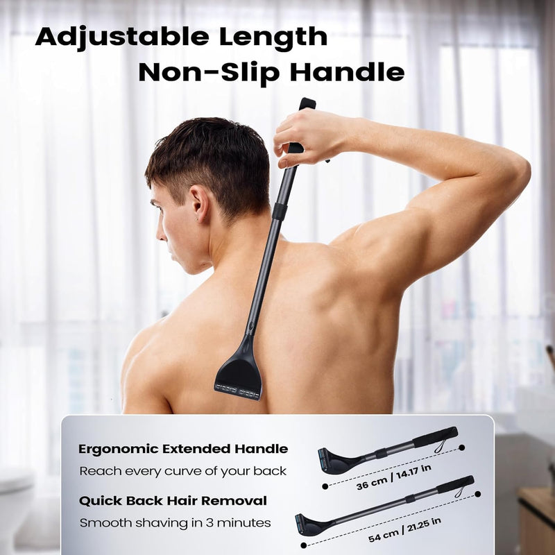 [Australia] - Back Shaver for Men - Retractable Long Handle Back Hair and Body Shavers,Replaceable Multi-Layer Double Blades（8PCS）, Ergonomic DIY Wet or Dry Shaving Solution（Black） Black 