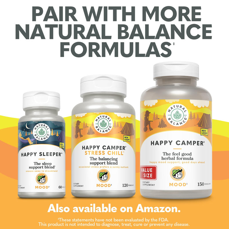 [Australia] - Natural Balance Happy Camper - Feel-Good Mood Support Supplement - Gotu Kola, Passion Flower, and Kava Kava Capsules - 60-Day Guarantee - 75 Servings, 150 VegCaps 150 Count (Pack of 1) 
