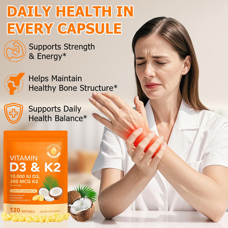 Vitamin D3 K2 with Coconut Oil - Vegan Vitamin D3 & Mk7 Vitamin K2for Bone & Immune Support - Non-GMO, Soy Free - 120 Softgels