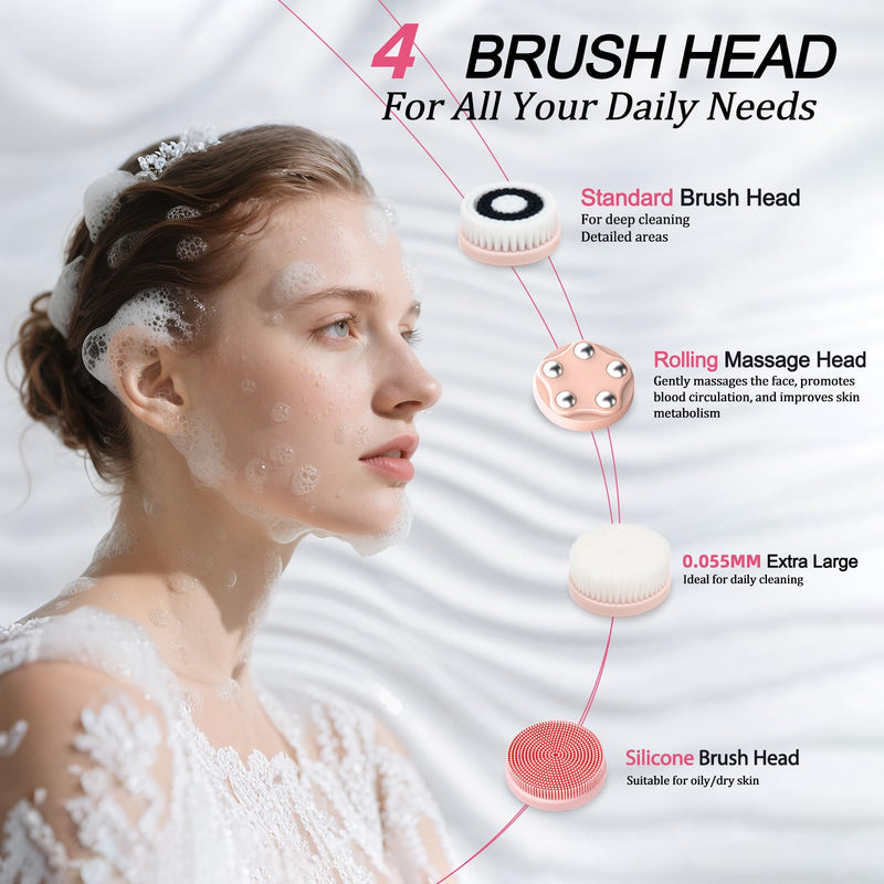 Electric Facial Cleansing Brush with 4 Brush Heads & 5 Speeds - IPX6 Waterproof, Type-C Fast Charging - for Deep Cleansing, Exfoliating, Pore Minimizing & Makeup Removal (Pink) Pink