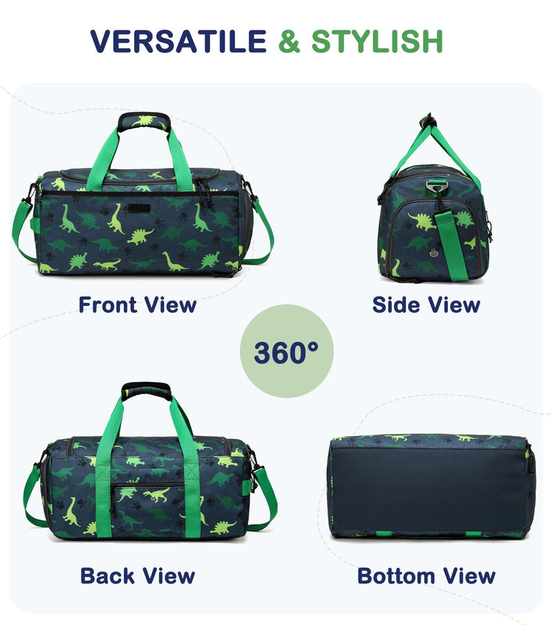 Kids Duffle Bag,VASCHY Travel Bag for Toddler Children Boys Water Resistant Overnight Duffel Ballet Dance Sport Carry On Weekender Bag with Shoes Compartment Dry Wet Pocket Green Dinosaur