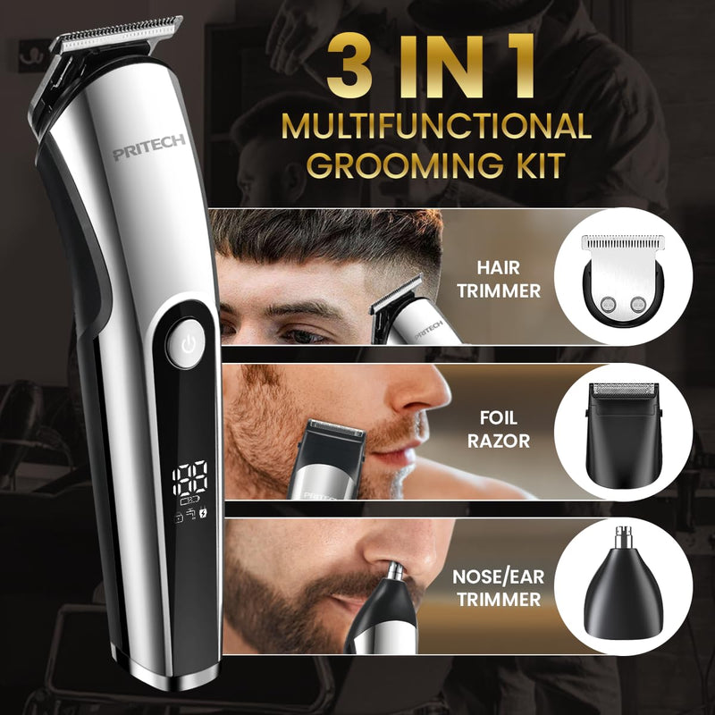 [Australia] - PRITECH Beard Trimmer for Men, 3 in 1 Hair Clipper for Men, Nose Hair Trimmer, Micro Shaver, Men's Grooming Kit, Wireless Electric LED Display, IPX6 (Silver) 