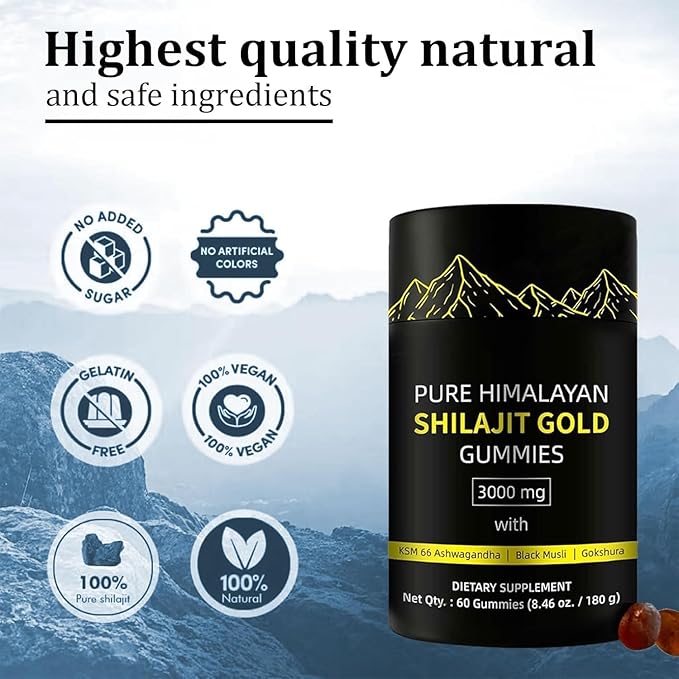 Himalayan Shilajit Gummies with Ashwagandha & Gokshura | 85+ Trace Minerals & Fulvic Acid | Organic, Non-GMO Micronutrient Supplement for Men & Women | 100% Pure & Natural 1 Bag / 60 Gummies