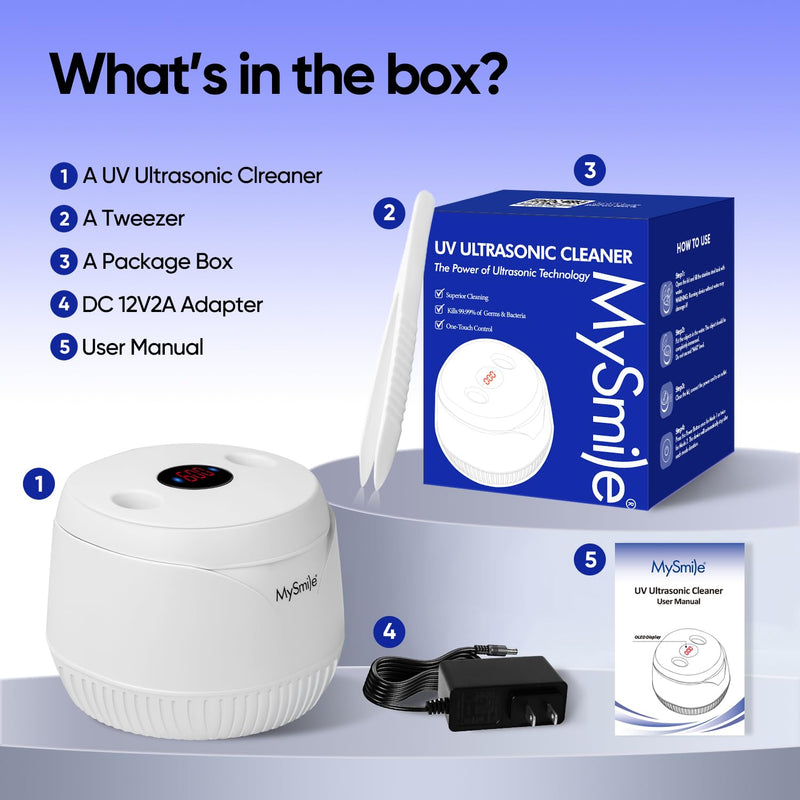 [Australia] - MySmile Ultrasonic Retainer Cleaner- 45kHz Denture Cleaner Machine with 200ML Capacity for Aligner, Mouth Guard, Braces, Portable Dental Cleaning Pod with 2 Mode Digital Timer for Home, Travel (WHITE) WHITE 