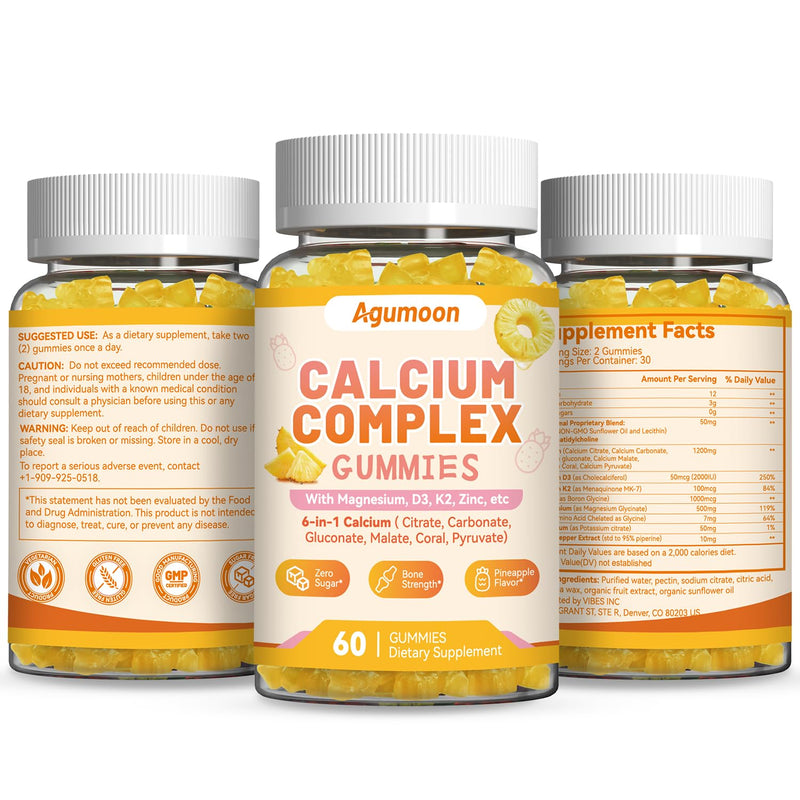 Liposomal Calcium Complex Gummies with D3, K2, Magnesium, Potassium & Zinc | - 6 Active Types Calcium (Citrate, Carbonate, Gluconate etc), for Bone & Immune Support - 60 Gummies 60 Count (Pack of 1)