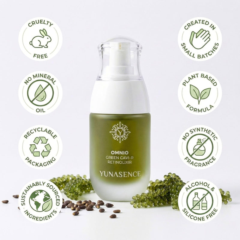 YUNASENCE OMNIO Green Cavi-R Retinolixir, w/3% Bakuchiol, Marula, Vitamin C, Chaga Mushroom. Anti Aging, Firming. Bio-Retinol.