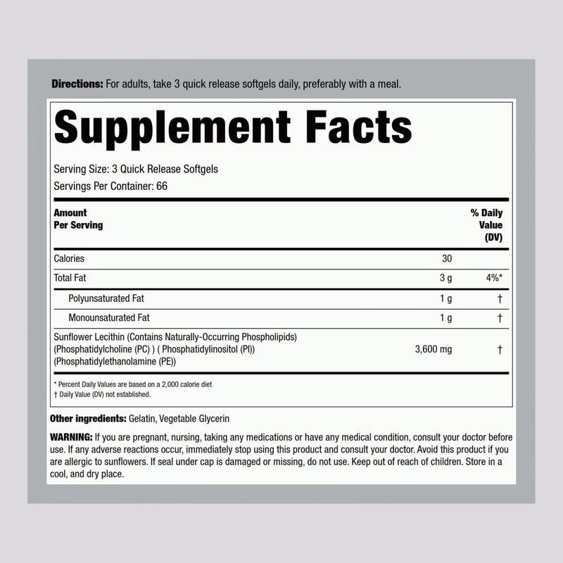 [Australia] - Piping Rock Sunflower Lecithin Softgel Capsules | 3600 mg | 200 Count | from Phosphatidylcholine | Soy Free, Non-GMO, Gluten Free 