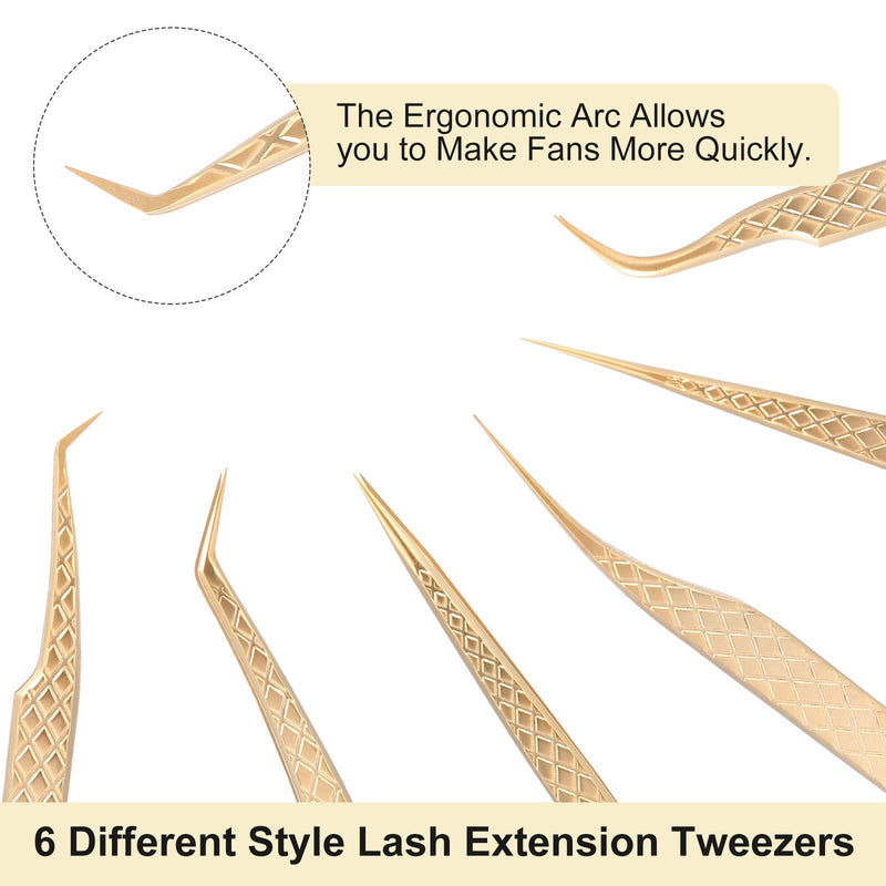 FEITA Eyelash Extension Tweezer Set Gold Lash Applicator Tool - Precision Lashes Diamond Grip Tweezers for 2D-6D Volume & Individual Eyelashes Extensions Supplies (6Pcs) Gold Diamond-grip 6pcs