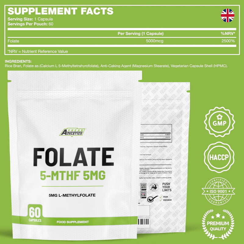 Freak Athletics Folate 5mg (L-Methylfolate) 60 Capsules, 5-MTHF Active Form of Folic Acid/Vitamin B9,UK Made 60 count (Pack of 1)