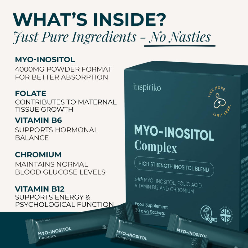Inspiriko 5-in-1 Myo-Inositol Powder 4000mg with Folate, Chromium, Vitamin B6 & B12-30 Vegan, 1-a-Day Myo Inositol Powder Sachets, Made in UK Unflavoured 125 g (Pack of 1)