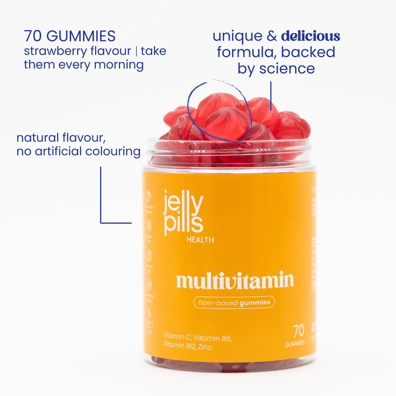 Jelly Pills Multivitamin Gummies for Adults - with Vitamins A, B, C, D, E and Zinc - 70 Vegan Gummies - No Added Sugar - Strawberry Flavour - Energy & Immune System