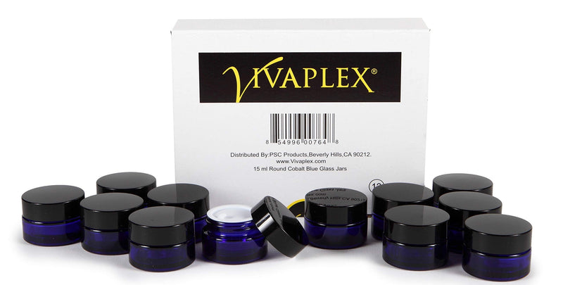 Vivaplex, 12, Cobalt Blue, 15 ml, Round Glass Jars, with Inner Liners and black Lids (Pack of 2) 0.5 Ounces (Pack of 2)