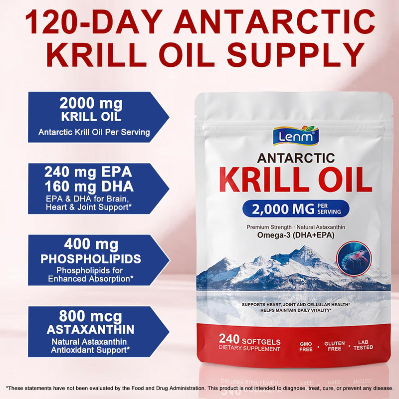 Antarctic Krill Oil Softgels Supplement, 2,000mg Per Serving, 240 Softgels, Triple Strength Formula with Omega-3 EPA & DHA Plus Astaxanthin, Supports Heart, Brain & Immune Health