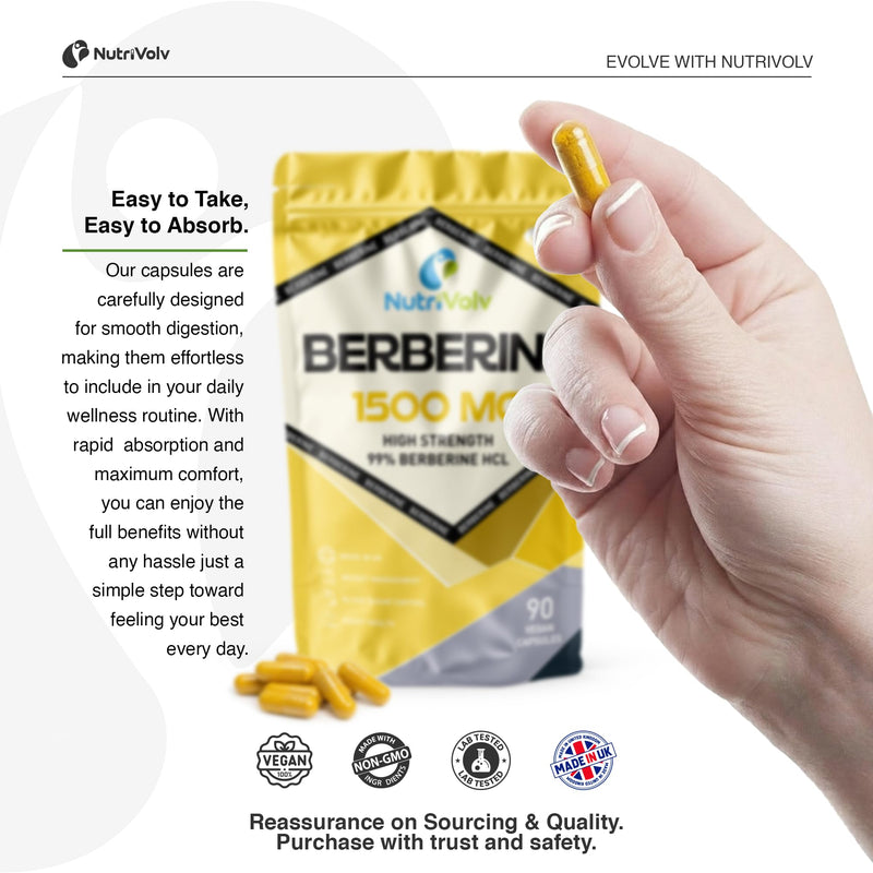 Berberine HCL 1500mg | 90 Vegan Capsules | 99% HCL High Strength | Minimum 3 Month Supply | No Additives, 100% Clean | Blood Sugar Support, AMPK Metabolism, Heart & Gut Health | Non-GMO | by NutriVolv