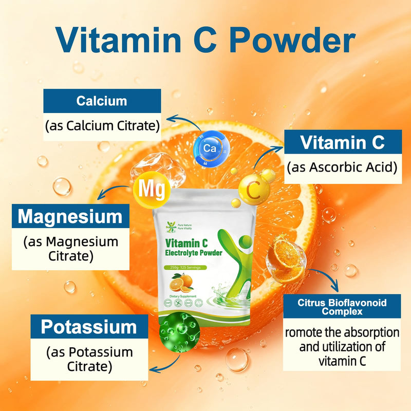 Sodium Free Electrolyte Powder with 1000mg Vitamin C Orange Flavor | Sugar Free 250g Vegan Keto Low Sodium Hydration Supplement for Adults & Kids, Gluten Free, Non-GMO, No Additives, Plant-Based