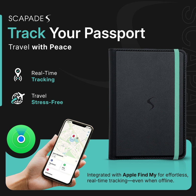SCAPADE AirPass Trackable Passport Wallet – Works with Apple Find My, Rechargeable Battery (5–6 Months), 3 Card Slots, No App Needed, Sleek Travel Case for iPhone & iPad Users