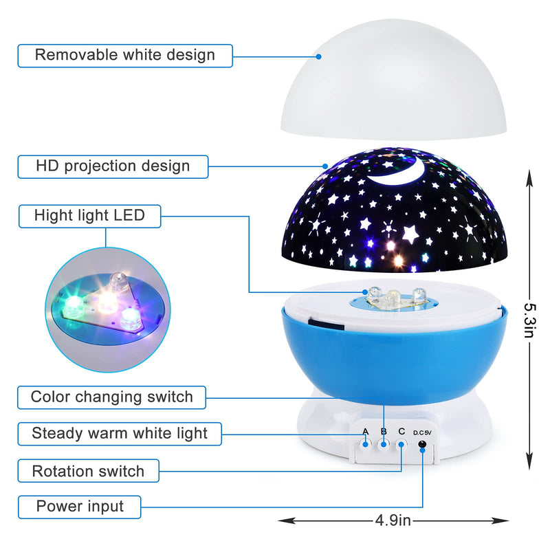 [Australia] - Night Light for Kids, Kids Night Light, Star Night Light, Moon and Star Projector 360 Degree Rotation - 4 LED Bulbs 9 Light Color Changing with USB Cable, Unique Gift for Men Women Children Blue 