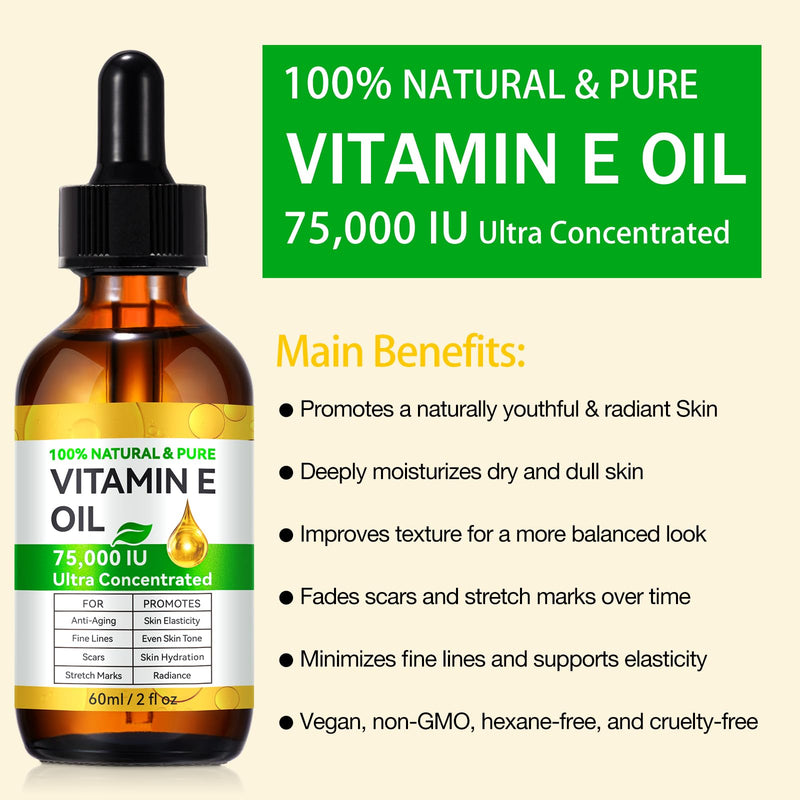 Vitamin E Oil, (2pcs) 100% Pure & Natural Oil for Skin, Face, Hair & Nails, Body Bath for Moisturizing Dry Skin, Non-GMO & Vegan 2 Fl Oz (Pack of 2)