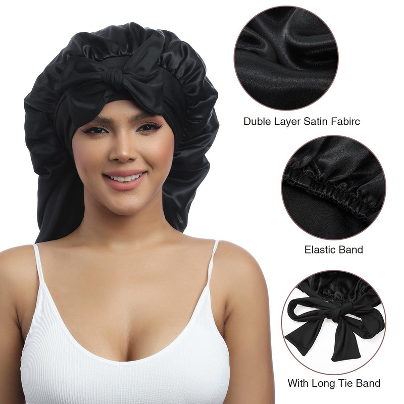 [Australia] - AWAYTR Long Satin Bonnet for Women - Double Layer Elastic Silk Bonnet for Braids Hair Sleeping Cap with Tie Band (Black) One Size Black 