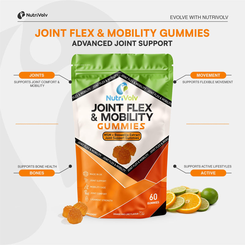 Joint Flex & Mobility Gummies | 60 Gummies | MSM, Boswellia, Vitamin C | Orange & Lime Flavour | High Strength Joint Care Supplement for Adults | 1 Month Supply | Made in UK | by NutriVolv