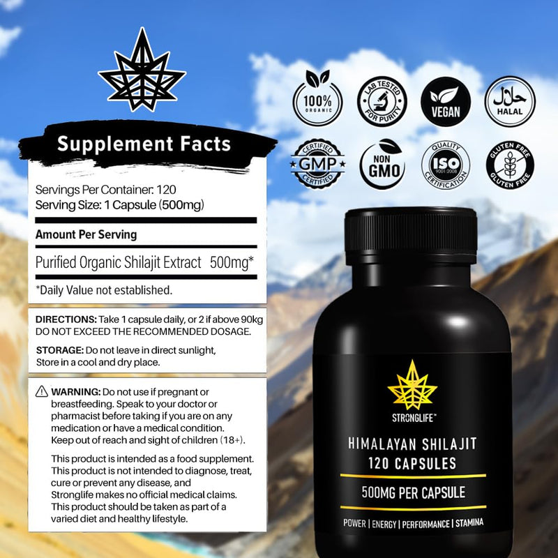 Shilajit Resin Capsules 120 Total 1000mg per Serving 100% Vegan & Pure Organic Himalayan Shilajit Fulvic Acid 60% & 85+ Trace Minerals Like Shilajit Resin