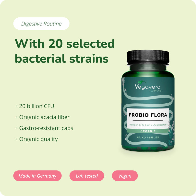 Vegavero Probiotics & Prebiotics | 100% Organic | 20 Strains (Lactobacillus + Bifidobacterium) | 20 Billion Active Bacteria & Acacia Fibre | 60 Vegan Capsules | NO Additives
