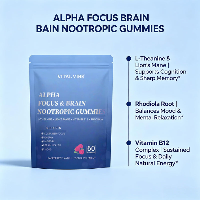 Nootropic Brain Supplement for Memory and Focus, Advanced Alpha Focus & Brain Nootropic 60 Gummies - for Energy & Mental Performance, L-Theanine, Lion's Mane(Fruiting Body), Vitamin B12, Rhodiola