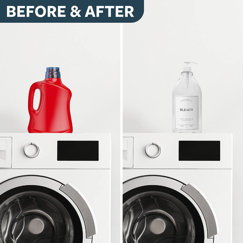 [Australia] - Calindiana Modern Farmhouse Bleach Liquid Laundry Detergent Dispenser for Laundry Room Decor and Organization, PET Plastic Landry Soap Containers with Water Resistant Label, Clear 64oz Clear Bottle/White Label 