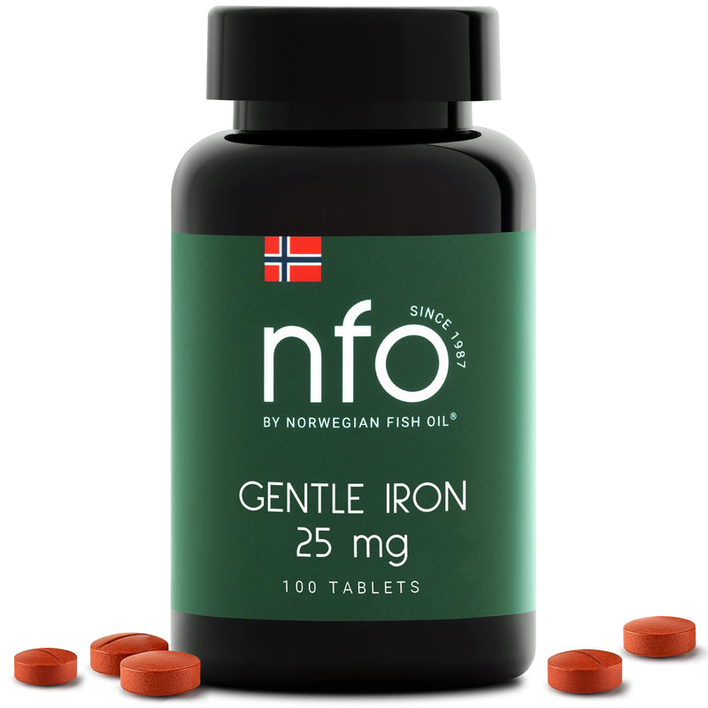 NFO Gentle Iron [100 Tablets] Norwegian Fish Oil Natural High Dose Iron Complex with The Patented Ferrochel Formula The Most bioavailable Form Against IronDeficiency Suitable for Vegans
