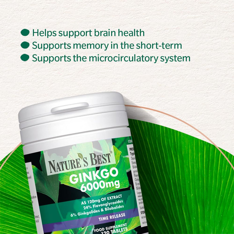 Nature's Best Ginkgo Biloba 6000mg - High Strength - Pure Grade Extract and Time Release Formula - UK Made - 120 Vegan Tablets (2 Months' Supply)