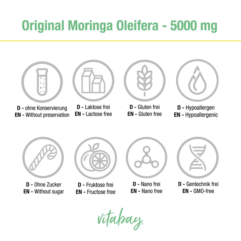 [Australia] - Vitabay Original Moringa Oleifera • 5000 mg PER capsule • 120 capsules • Natural • High dosage • Unique spectrum of natural nutrients • XXL pack 