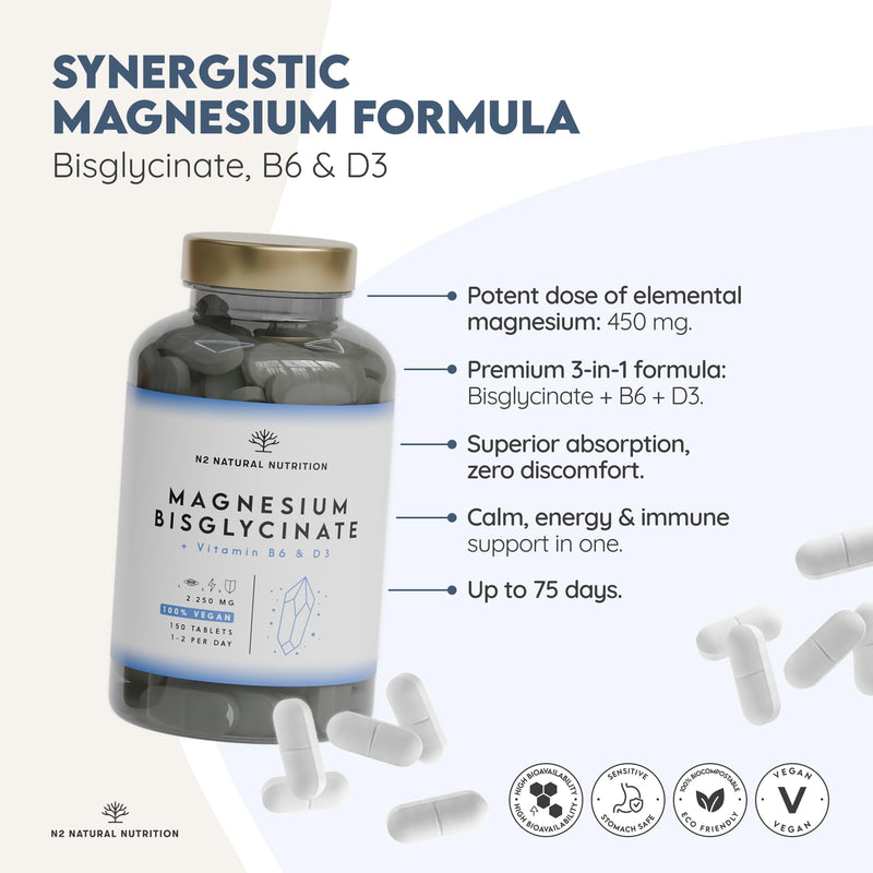 Magnesium Bisglycinate 2250mgt, 450mg Elemental Magnesium, Vitamin D3 + B6 (up to 5 Months) 150 High Absorbtion Divisible Tablets, Help Reduce Tiredness and Fatigue. N2 Natural Nutrition