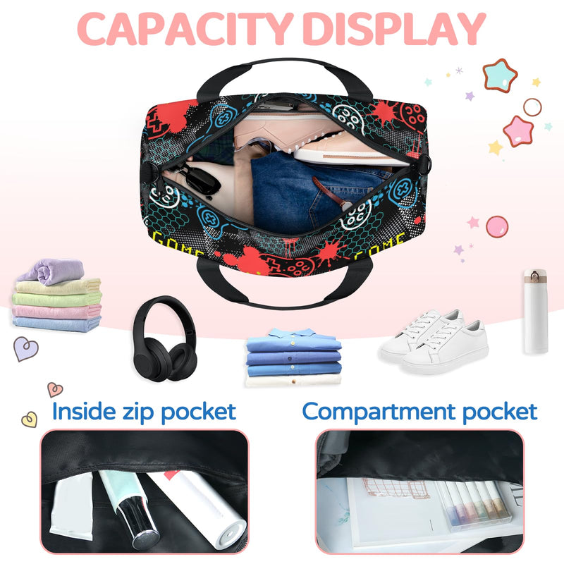 Kids Overnight Duffle Bags Boys Girls Game Theme Sports Gym Bag Small Toddler Weekender Carry-On Tote for School Practice, Sports, Travel - Birthday Gifts for Kids B-game