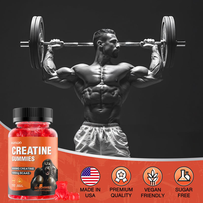 Creatine Gummies 5000mg Creatine Monohydrate with 1000mg BCAAs (1 Month Supply) for Men & Women, Vegan & Sugar-Free, Easy Pre/Post Workout Gym Support for Performance and Muscle Power, 60 Count
