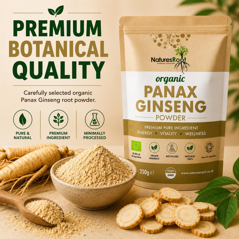 Nature’s Root Organic Panax Ginseng Powder 125g – Premium Botanical Root Powder for Smoothies, Tea & Wellness Drinks – Vegan Friendly Herbal Ingredient – Resealable Pouch