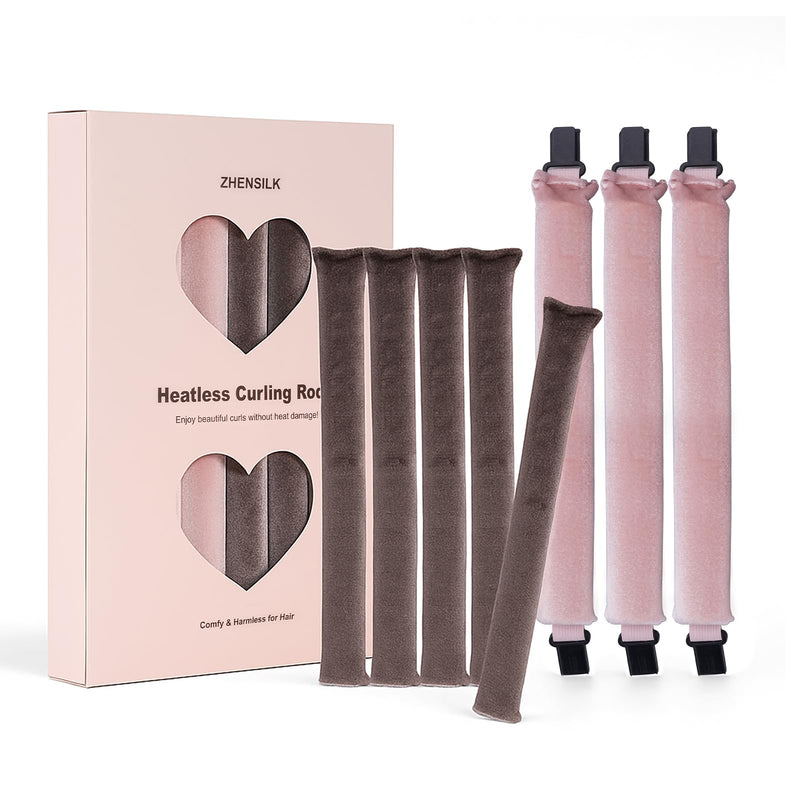 Heatless Curls Overnight Rods Set – 8PCS Flexible Heatless Curling Rods for Long & Short Hair, Soft No Heat Hair Curler Blowout Styling Tools for Loose Waves or Tight Curls 3*Pink 5*Brown