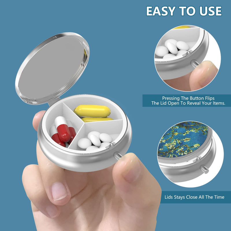 Pill Box 3 Compartment Medicine Pill Case,Portable Pill Box for Pocket or Purse Pill Box Decorative Metal Medicine Vitamin Organizer Unique Gift(4PCS) Set-4-style a 4 piece