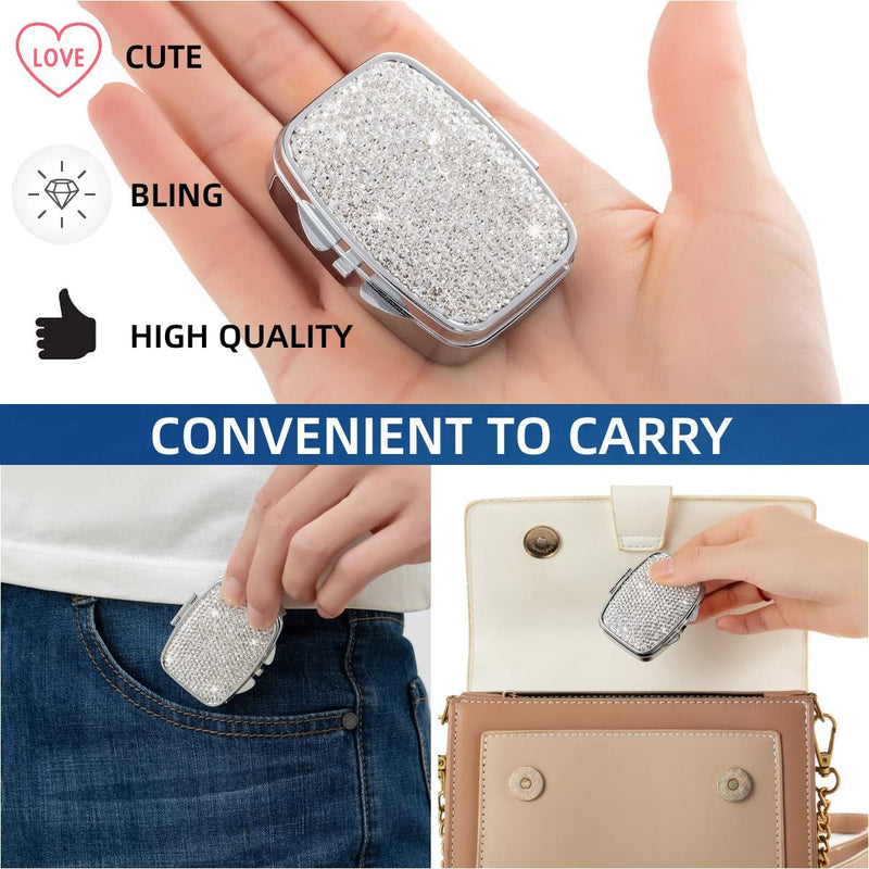 Pocket Pharmacy Bling 2 Compartment Medicine Organizer Small Cute Pill Container Travel Pill Box Case for Purse Square Vitamin Holder for Pocket(Silver) Silver